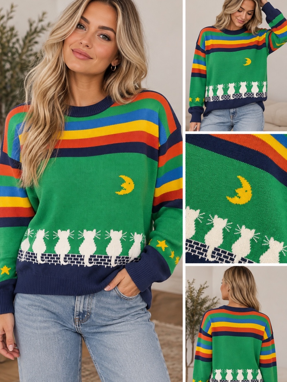 🌙 VINTAGE COTON D’OR RAINBOW CAT 100% COTTON SWEATER NWT 🌙